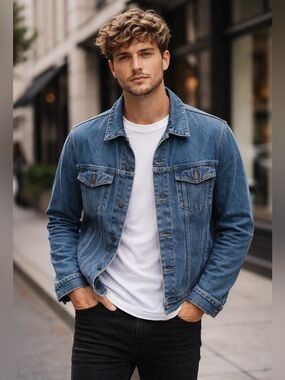 Classic Blue Denim Jckt w Button Front-Trucker jacket vibes,Masculine Virility